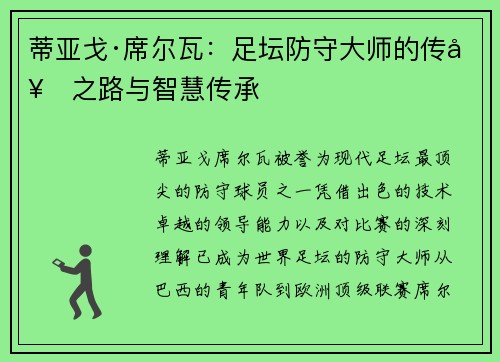 蒂亚戈·席尔瓦：足坛防守大师的传奇之路与智慧传承