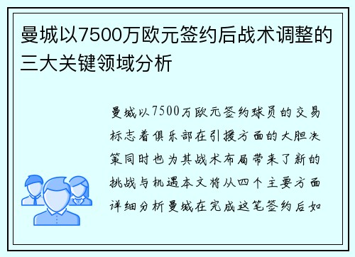 曼城以7500万欧元签约后战术调整的三大关键领域分析